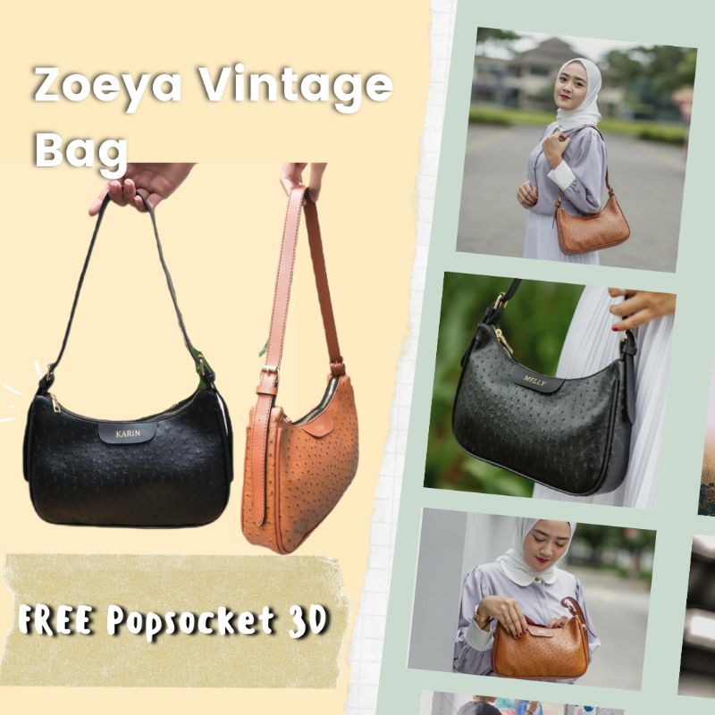 Tas Wanita Zoeya Vintage Bag - Black, Bisa request nama