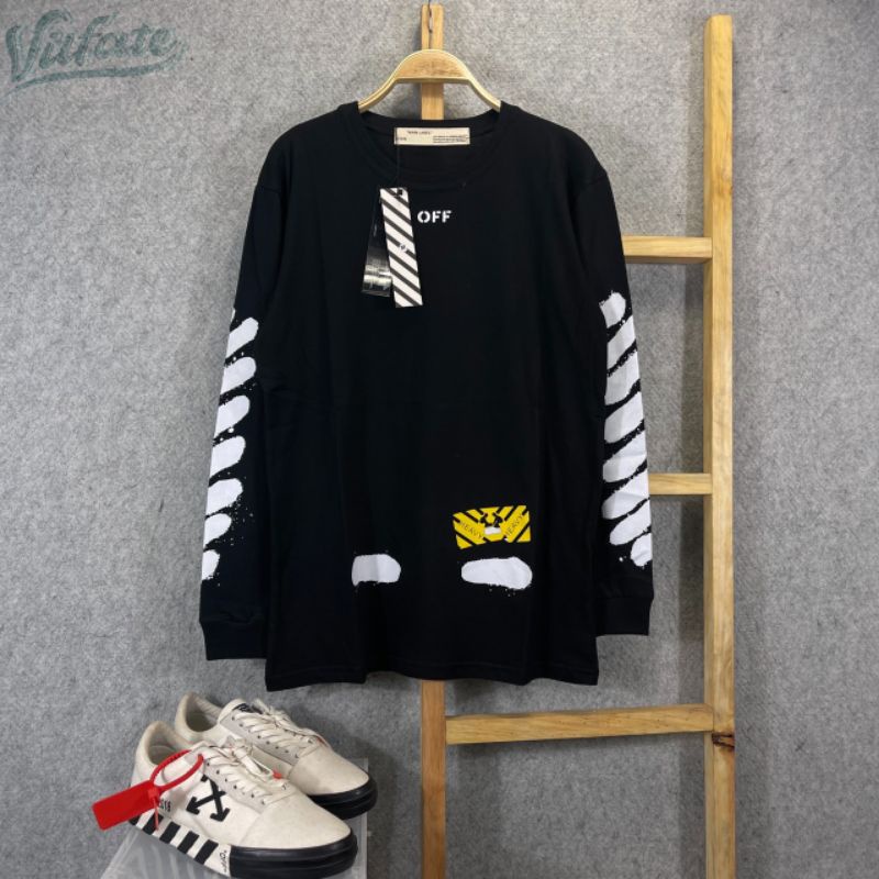 KAOS T-SHIRT LONG SLEEVE OFF WHITE SPRAY MIRROR HITAM AUTHENTIC FULLTAG &amp; LEBEL