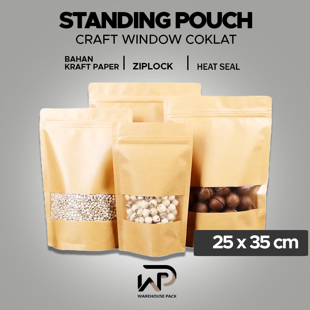 Standing Pouch Kraft Paper Window Coklat | Ziplock Kraft Paper | Kemasan Kopi | Kemasan Paper Ziplock | Standing Pouch 25 x 35 cm