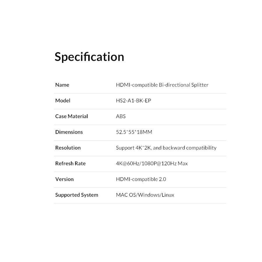 HDMI Bi-Directional ORICO HS2-A1-BK-EP Splitter Switcher 4K 60Hz