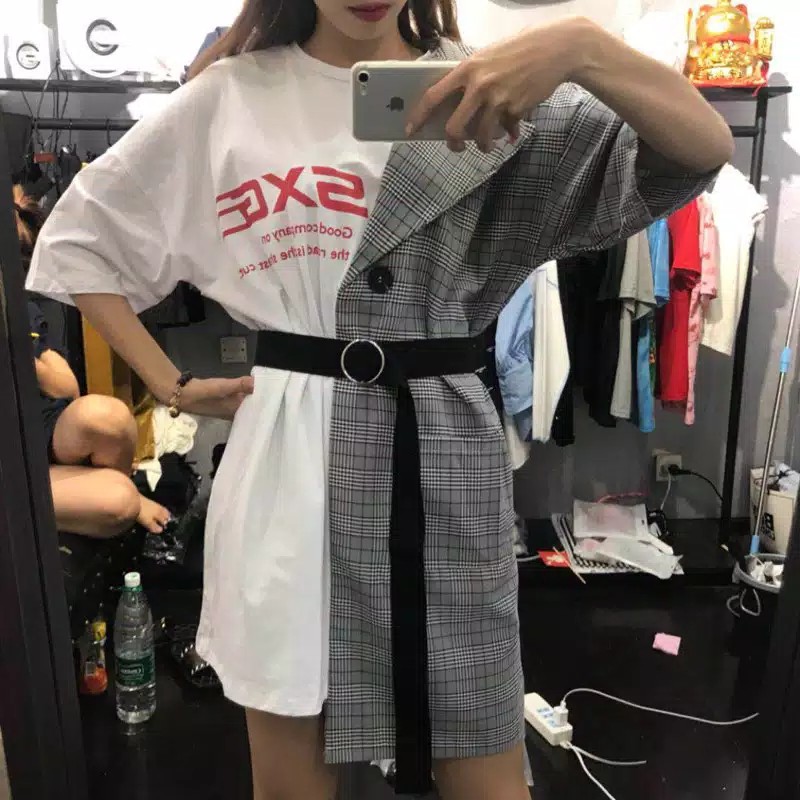 TBI Baju Midi Dress Harajuku Import Plaid Dress Asymmetric Kombinasi Outer Jas Dress Kpop