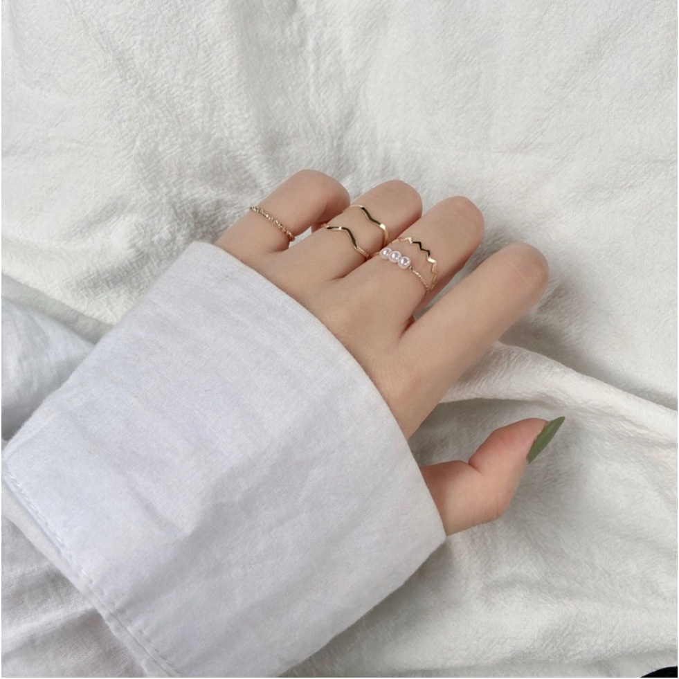 Cincin Wanita 5Pcs Set R09 Casual Korea Fashion Style Aksesoris Fesyen Cewe 5 Pcs Set Multi Mutiara Pearl Ring Rings