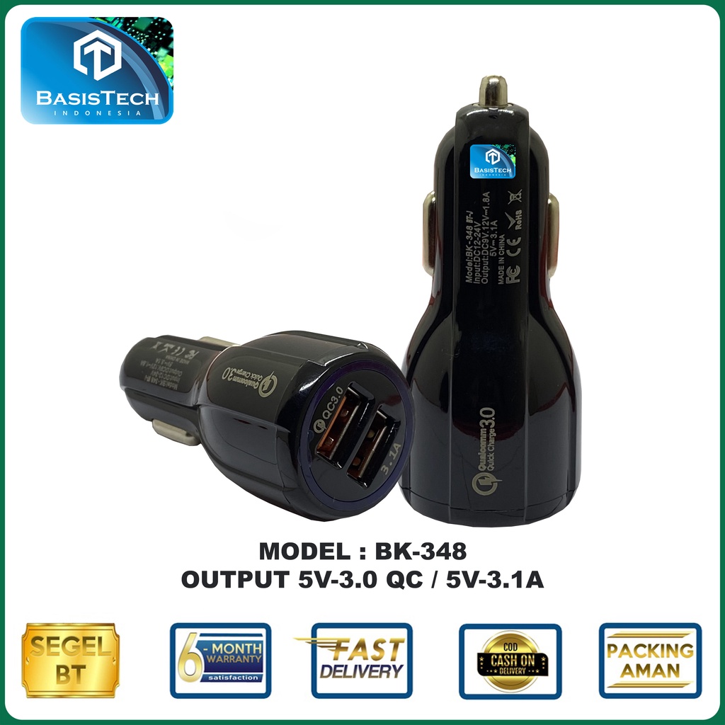 CHARGER MOBIL CASAN MOBIL 2 PORT USB 6A QC3.0 BK-348 FAST CHARGER