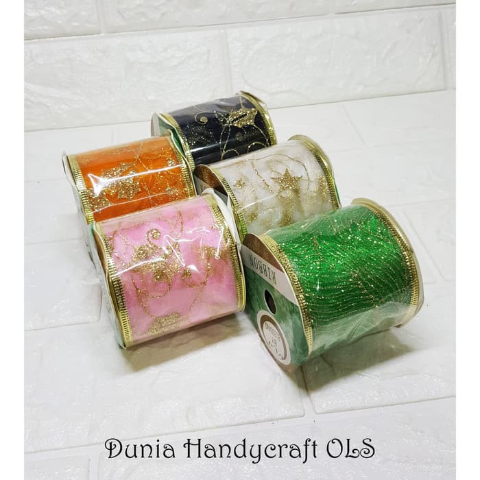 Pita Natal Bless 2.5 inch Lis Emas Berkawat Glitter Elegan Dekor