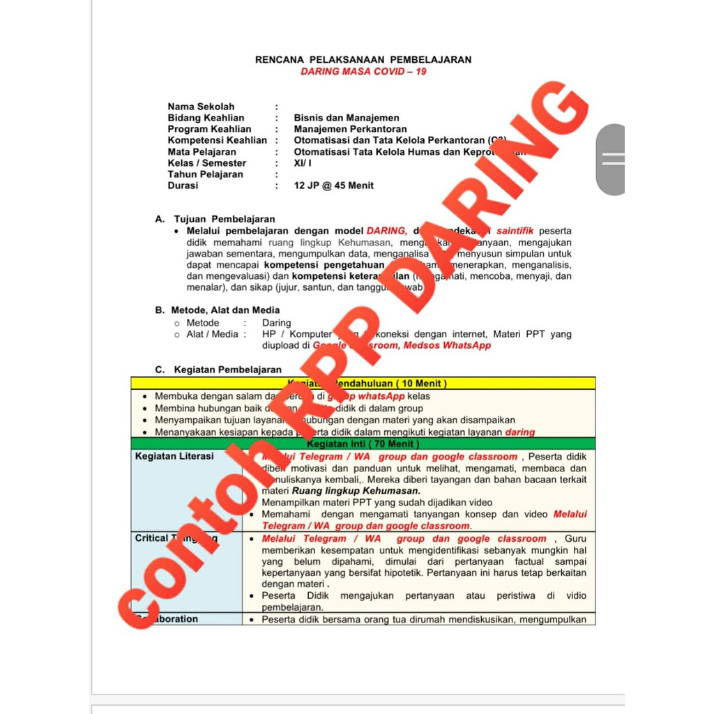 RPP 1 lembar daring dan Luring/tatap muka, SMK Otomatisasi Tata Kelola Kepegawaian(C3), Kelas11, 2Semester