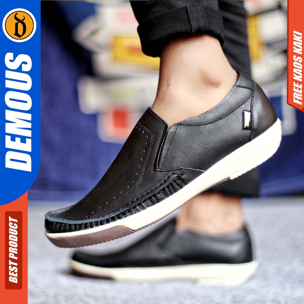 DEMOUS SANDRO Sepatu Casual Slip On Pria Kulit Asli Kerja Santai Murah Hitam