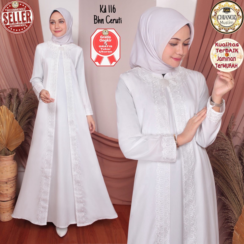 CHIANOZ Gamis Putih Ceruti Mewah Premium Sifon Mewah Renda Kaki Payung Jumbo Fashion Muslim Wanita /