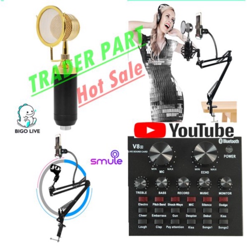 Jual Paket MIC BM800 STAND Microphone BM 8000 SOUNDCARD MIXER V8 Holder hp Berkualitas