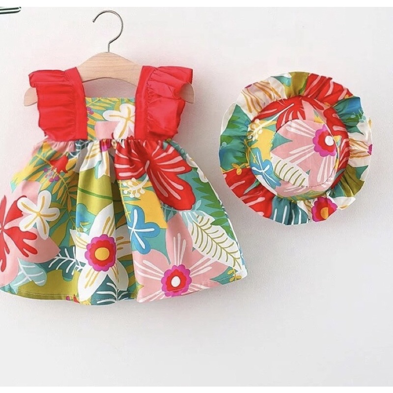 Dress Anak Perempuan Bahan Katun Import Free Topi Lucu Dress Anak Bayi Murah dan Lucu Rok Terusan Anak Free Topi Katun Dress Anak Gambar Bunga Lucu