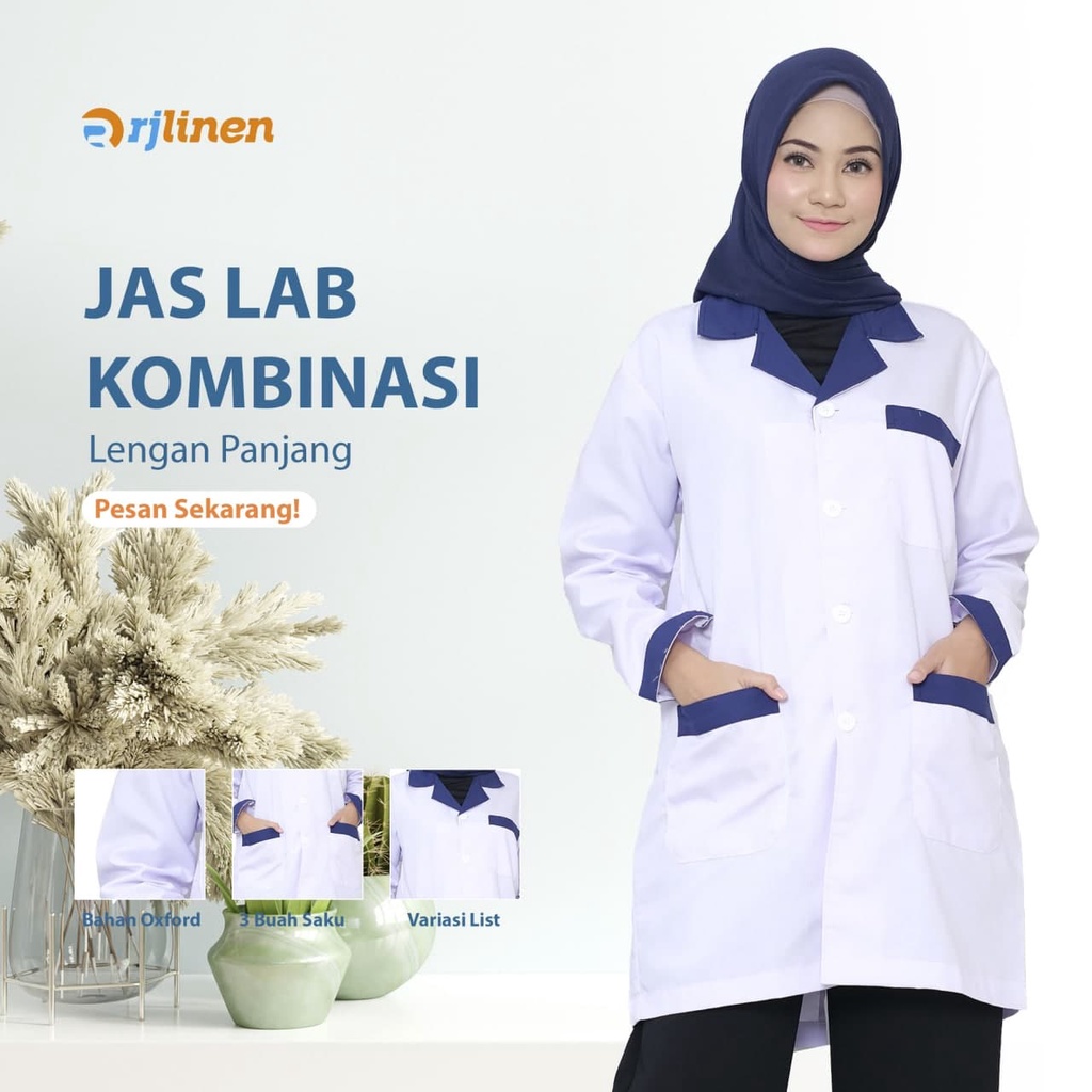 RJLINEN Jas Laboratorium Kombinasi Seragam Lab Baju Praktek Klinik Pria Wanita Lengan Pendek dan Panjang