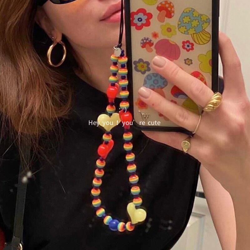 New Trendy Girls Phone Chain Colorful Acrylic Solid Heart Stripe Beaded Chain for Mobile Phone Hanging Rope