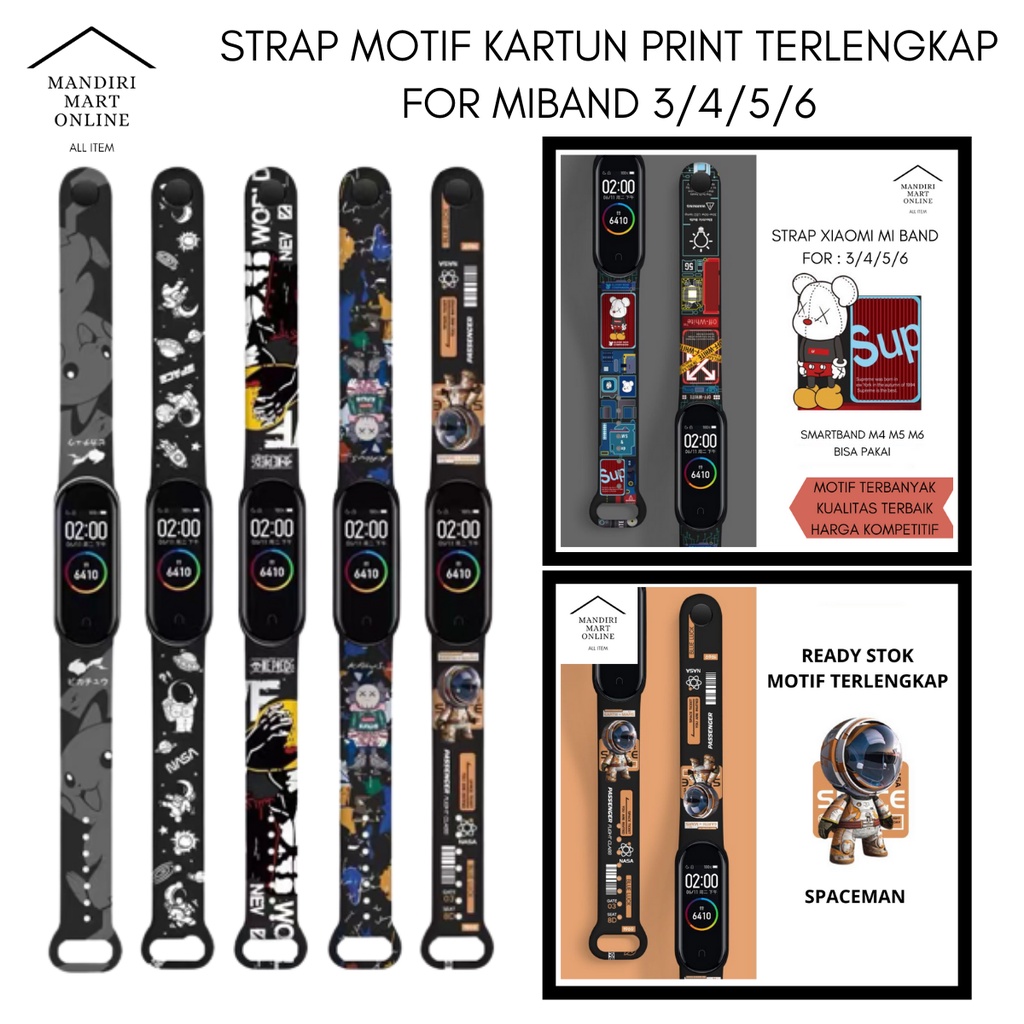 Strap Mi Band 3/4/5/6 Strap Silicone Tali Pengganti Xiaomi Mi Band 3/4/5/6 Motif Kartun Anime Lucu