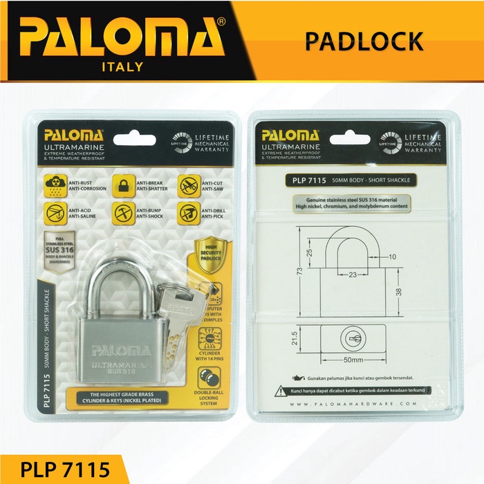 Paloma Gembok Kunci PadLock PLP 7115 Ultramarine 50MM SHORT SSS