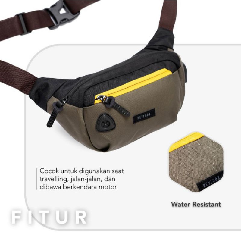 TAS SELEMPANG PRIA WATERPROOF WAIST BAG HEZEL PRIA ANTI AIR ANTI SOBEK USB HEYLOOK