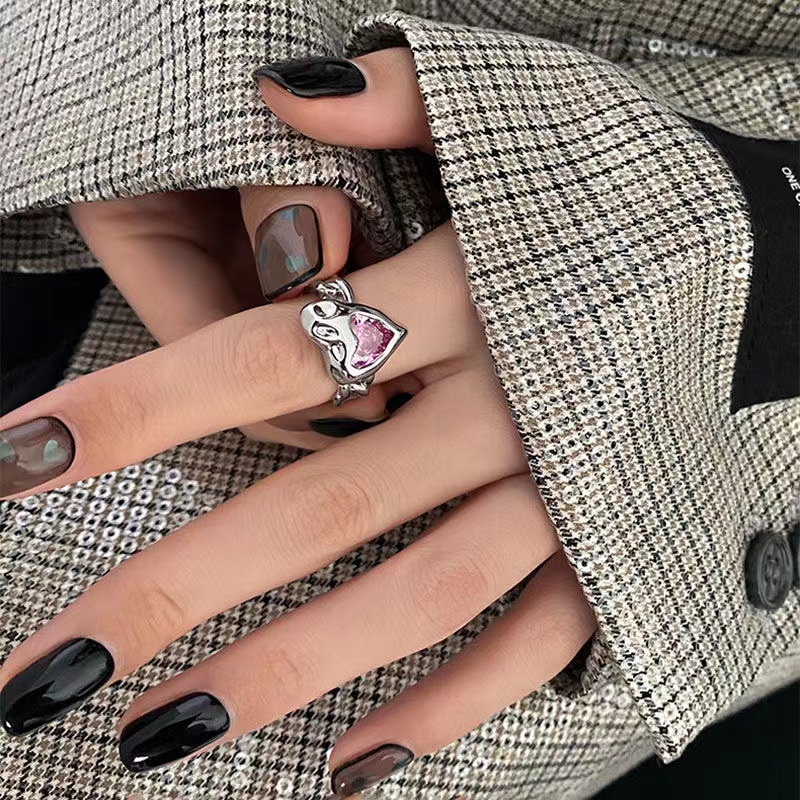 IFYOU Cincin Silver Hias Batu Permata Warna Pink Gaya Korea Untuk Wanita