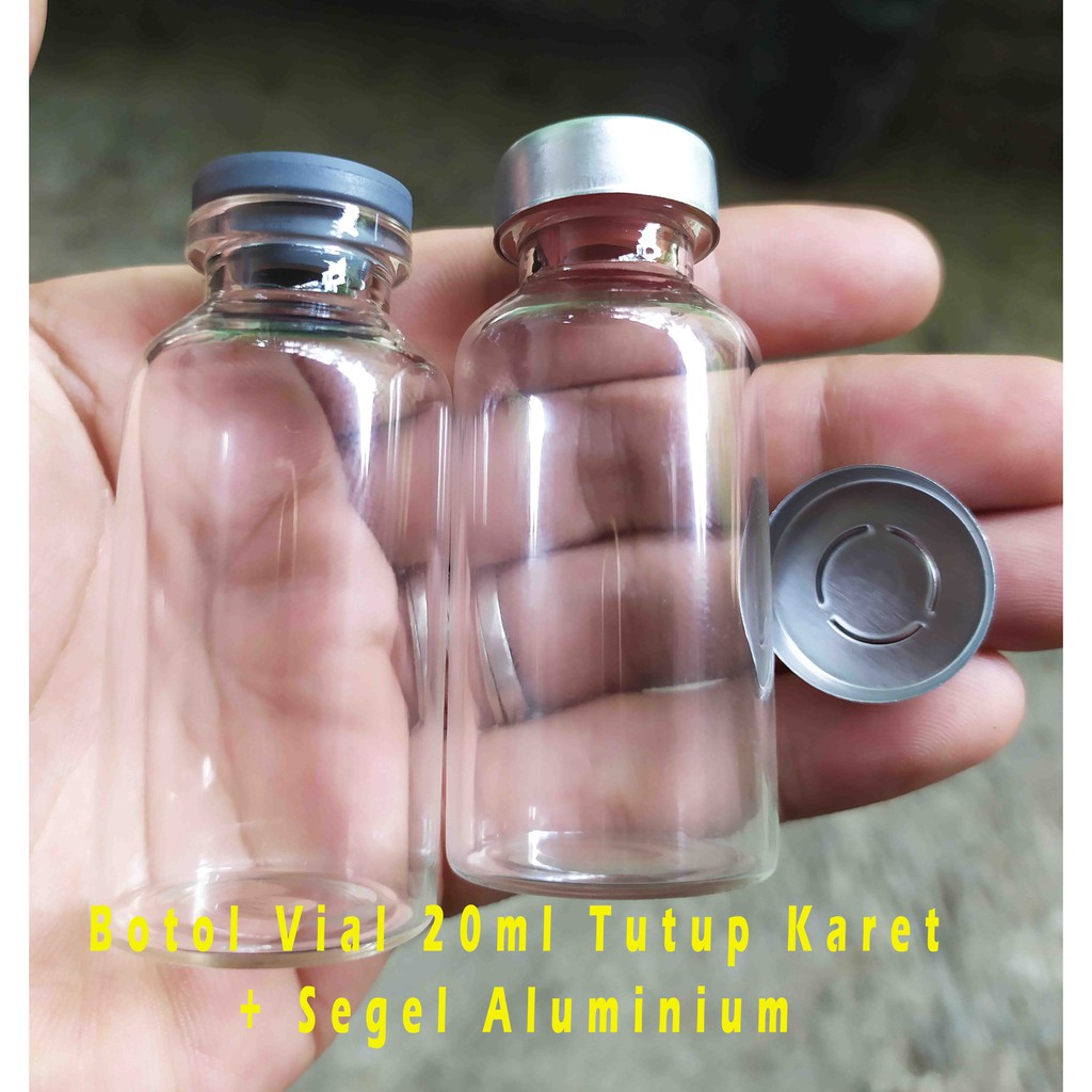 Botol Kaca Vial Penicillin 20ml 20 ml + Segel Aluminium Creamping + Tutup Karet / Botol Kaca Kecil