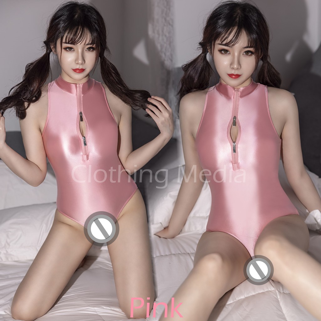 Baju Leotard Silky Premium Sukumizu Zipper Depan Bodysuit Mizugi Halus Glossy
