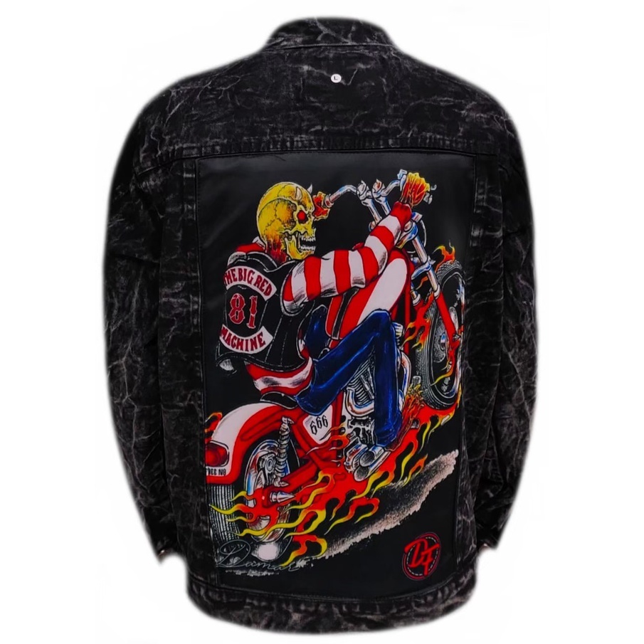 jaket jeans pria terbaru 2022 Gambar motor/jaket pria printing/ jaket jeans pria bergambar terbaru/ jaket pria keren/ jaket pria denim jeans bergambar belakang