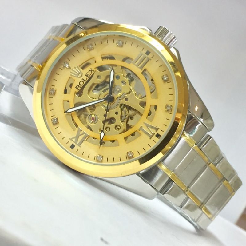 Jam Tangan Pria Otomatis Skeleton Rolex Big Chain Rantai Kombinasi Gold