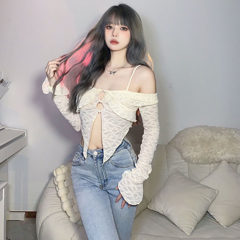 Prove kekinian atasan crop top French pure desire girl niche thin suspender T-shirt female ins net red chic hollow top summer baju import kaos wanita korean style