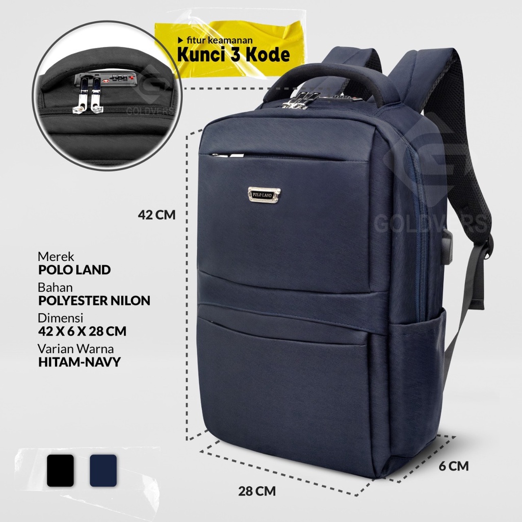 POLO LAND Tas Ransel Pria Tas Laptop Kerja 15 inch Free Kabel USB + Raincover - Goldiesbags