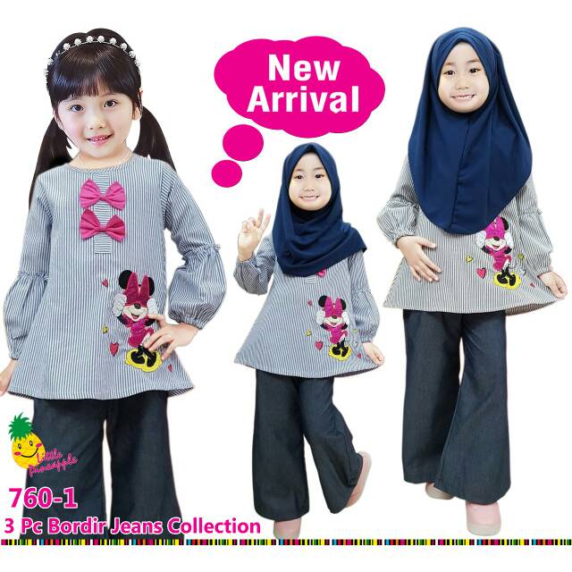 [Ankho_Shop] LP 760-1 Setelan Muslim Anak  Tunik Katun Bordir Kulot Jeans Little Pinneaple