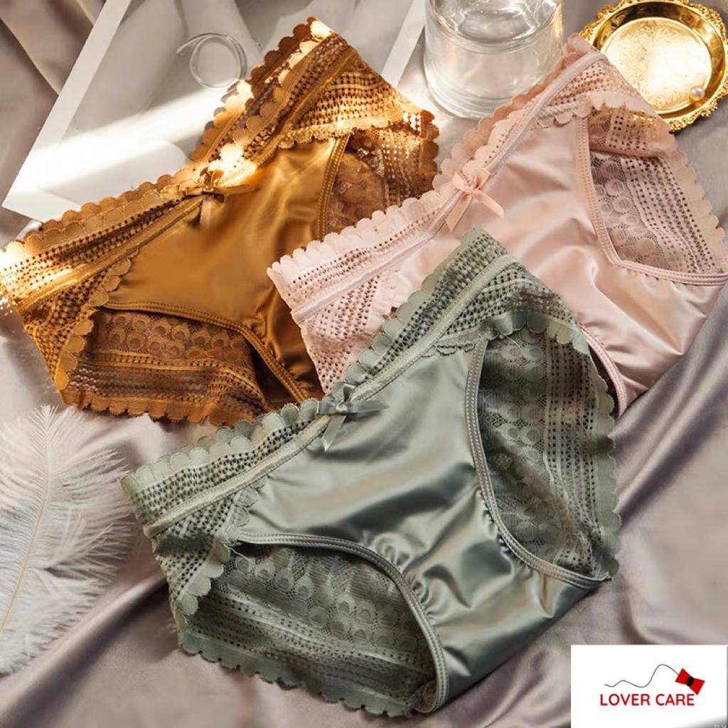Lovercare - Celana Dalam Wanita Sexy Elegan Satin Renda Mulus CD Antibakteri Pinggang Rendah