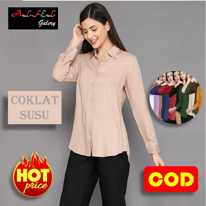 Baju Kemeja Atasan Casual Lengan Panjang Murah Polos Kekinian Korea Wanita Warna Coklat Muda Susu Co