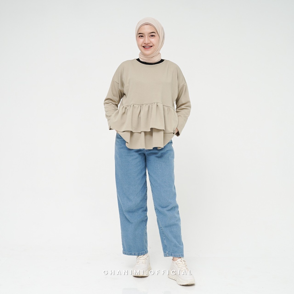 Ghanimi - Nesya Blouse / Blouse Knit Polos Panjang / blus ruffle polos daily murah / blouse knit casual sehari hari