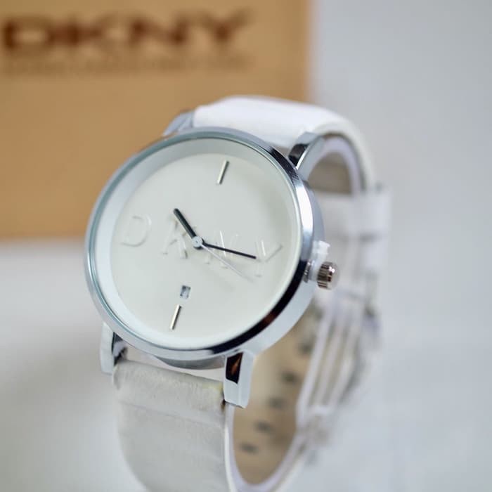 JUAL JAM BRENDED PRIA MURAH JAM TANGAN PRIA DKNY TANGGAL KULIT WHITE SILVER I GRATIS BOX KEREN DAN