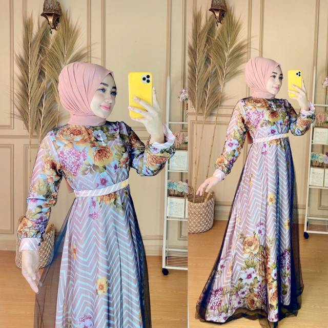 Big Sale Idul Adha Gamis zigzag Flower Edisi Lebaran Brand Shellasaukia Original Free Khimar