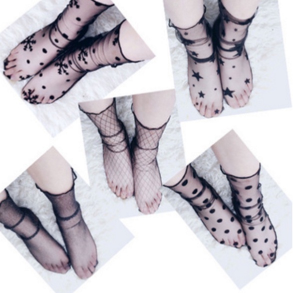 KKT 71-77 Kaos Kaki Korea Transparan Jaring Snowflake Polkadot Bintang Glitter