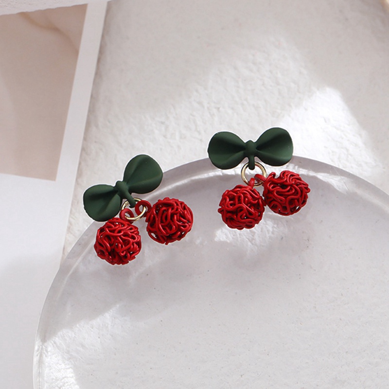 Fancyqube Anting Stud Kristal Mutiara Berlian Imitasi Model Pita Bunga Cherry Merah Untuk Wanita