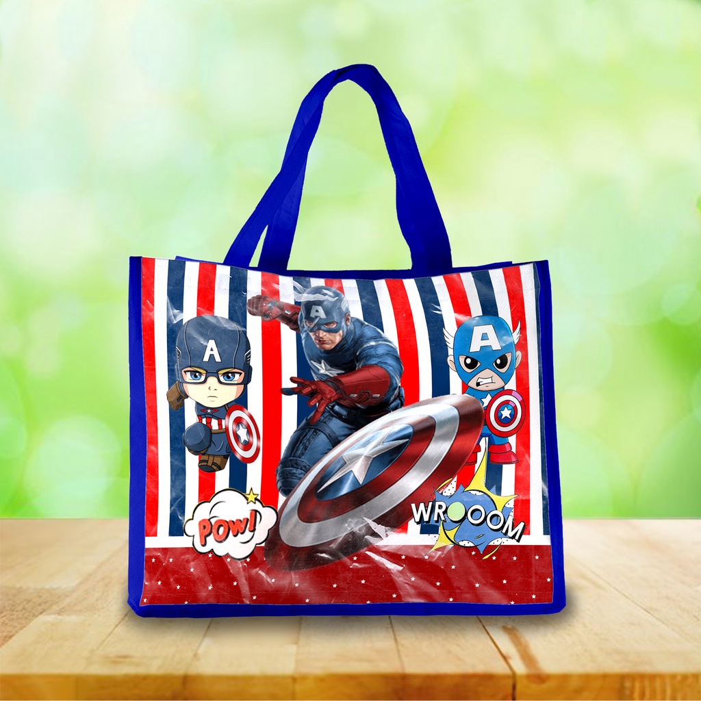 Goodie bag ulang tahun anak Tas Ultah karakter CAPTAIN AMERICA kain souvernir muat kotak KFC