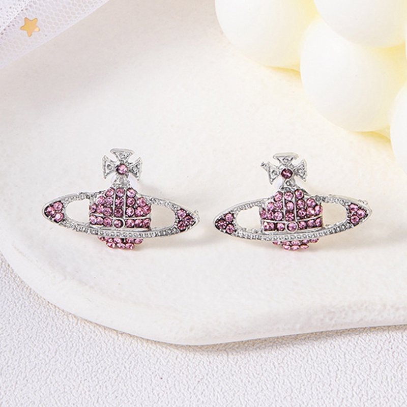 Anting Stud Desain Planet Saturnus Aksen Berlian Bahan Alloy Untuk Wanita