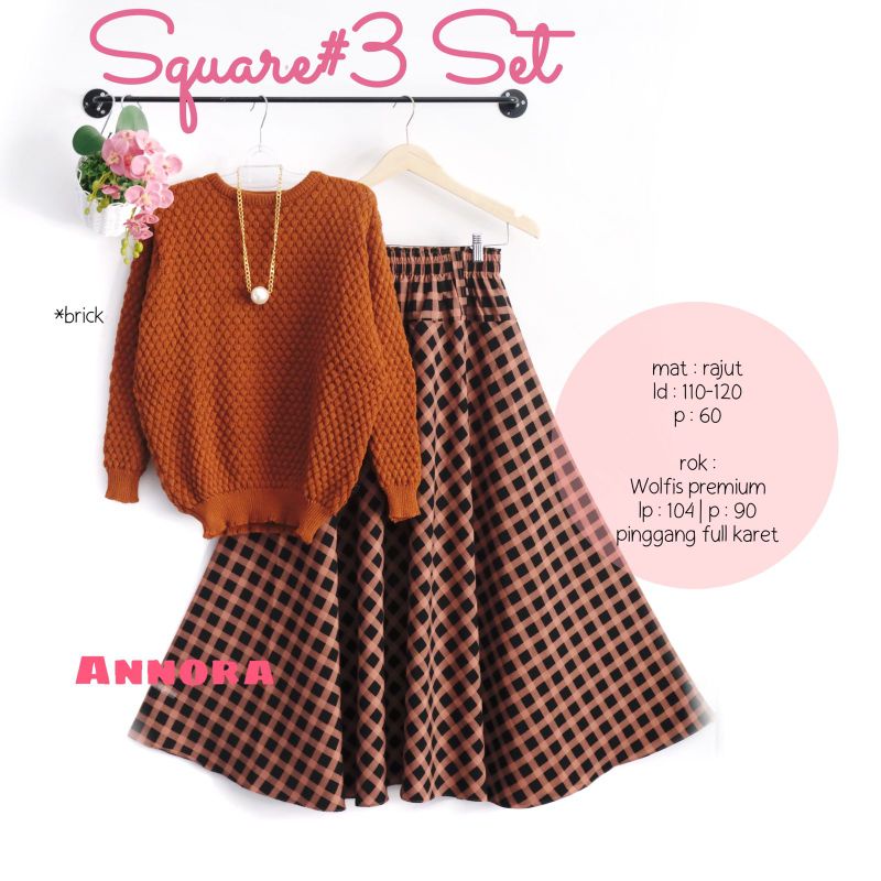 square 3 set setelan atasan rajut bawahan rok wolfis premium rok pinggang karet
