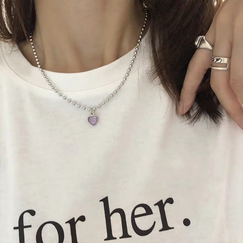 Kalung Rantai Choker Liontin Manik-Manik Hati Warna Silver Untuk Wanita