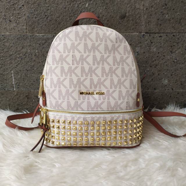 Tas MK Rhea Logo Medium Studded Pebbled Leather Backpack White Brown Color