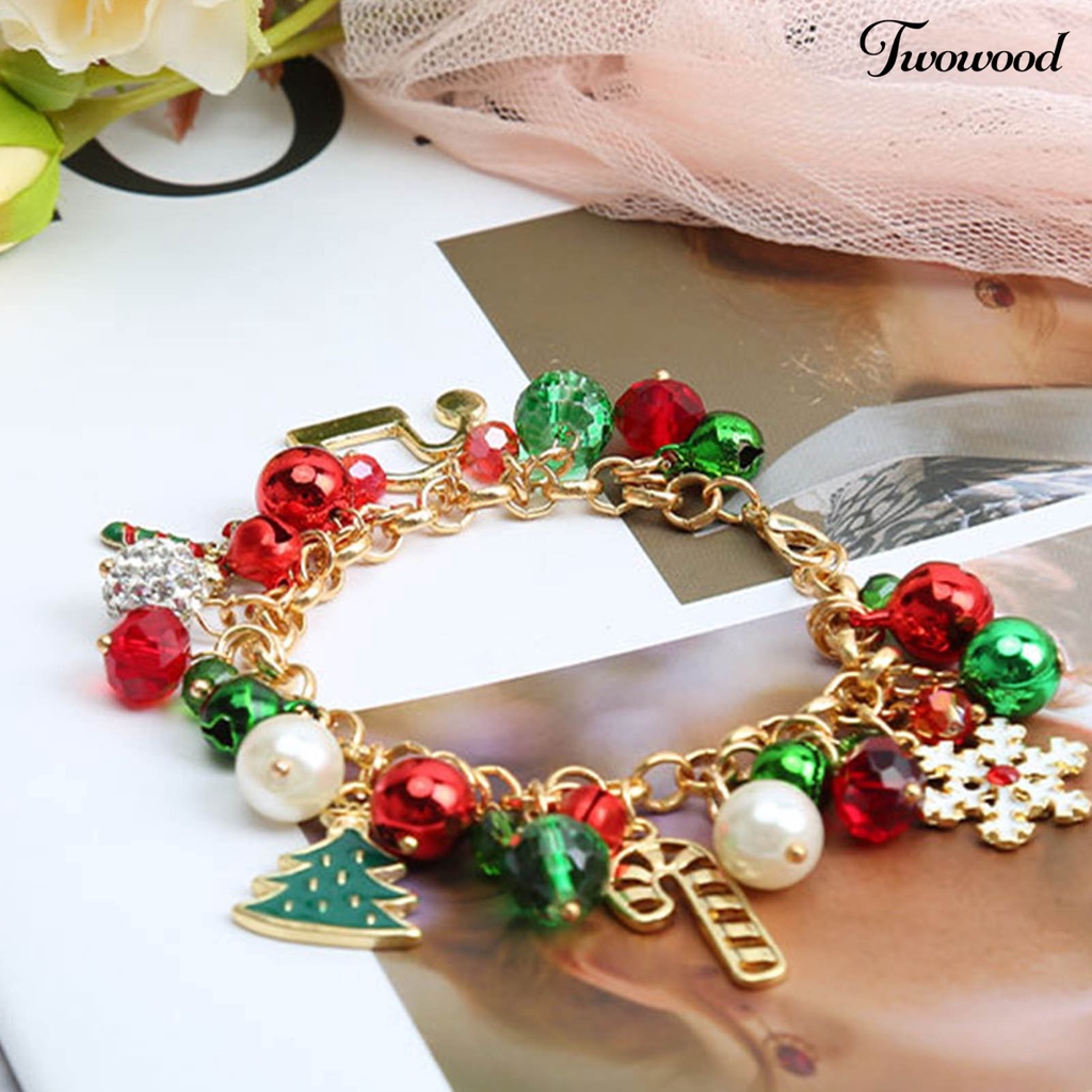 Twowood Alloy Christmas Bracelet Bell Faux Crystal Snowflake Christmas Tree Bracelet for Party