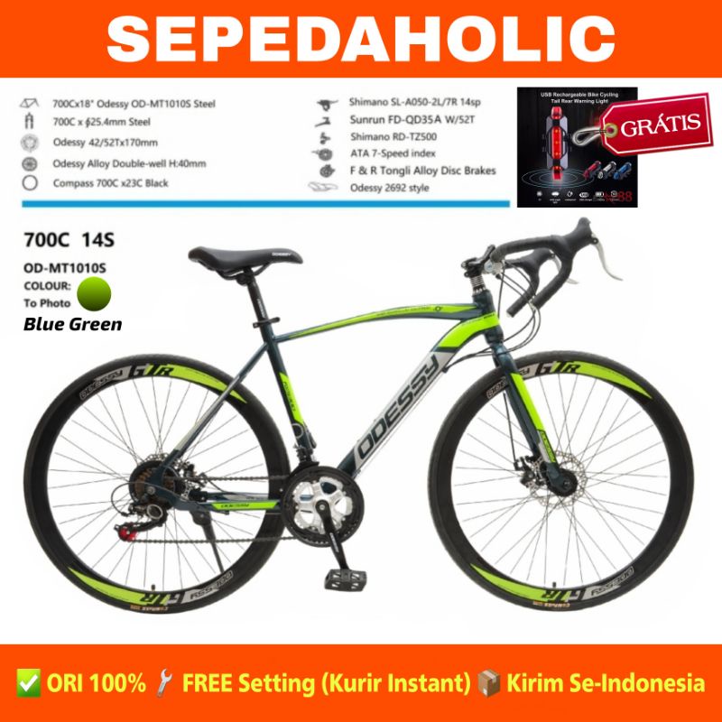 Sepeda Balap Roadbike ODESSY MT 1010S 700C Steel 14 Speed Rem Cakram-Blue Green