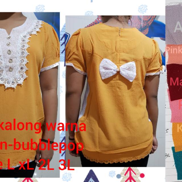 

Blus bahan bubble pop Ldd : 47 cm pj 65 cm lngkr tgn : 22 cm perukran beda 3 cm