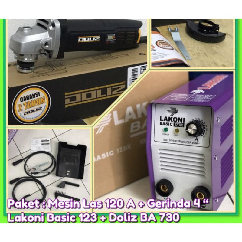 PAKET MESIN LAS LAKONI BASIC 123IX + MESIN GERINDA TANGAN 4" DOLIZ BA370