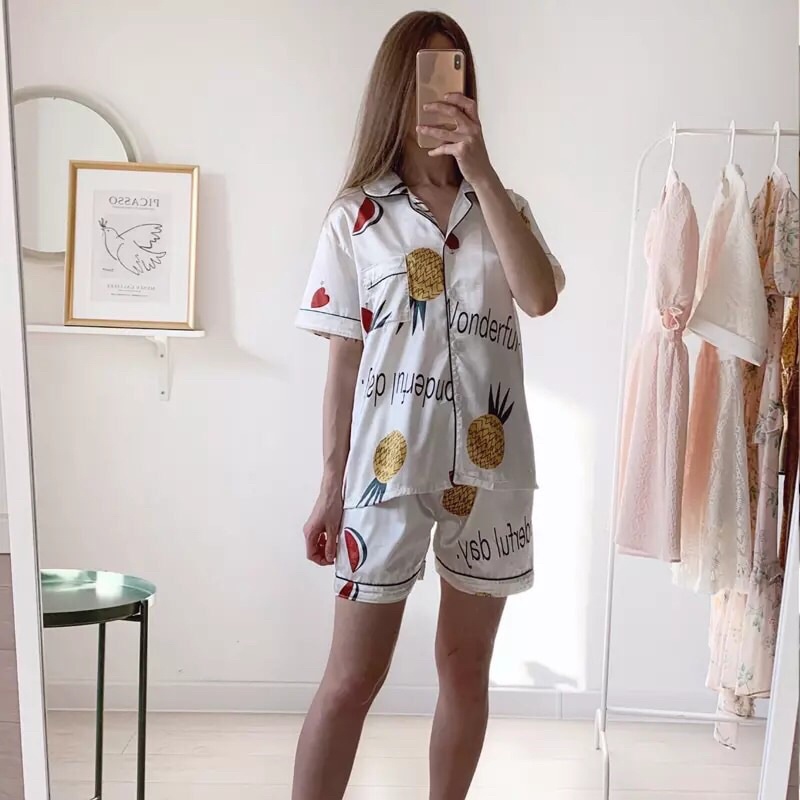 2Pieces Baju Tidur Wanita Set Viscose Floral Fruit Printed