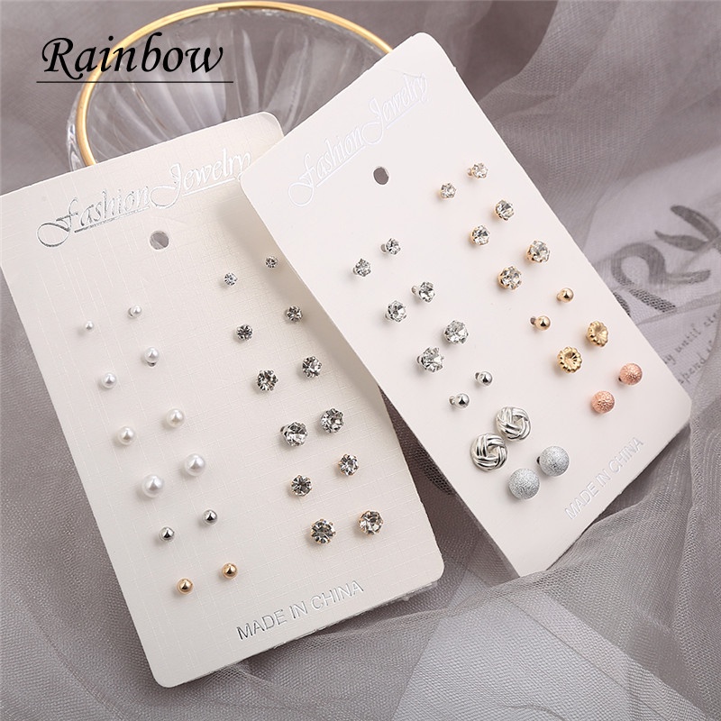 12 Pasang / Set Anting Tusuk / Stud Mutiara / Berlian Imitasi Untuk Wanita