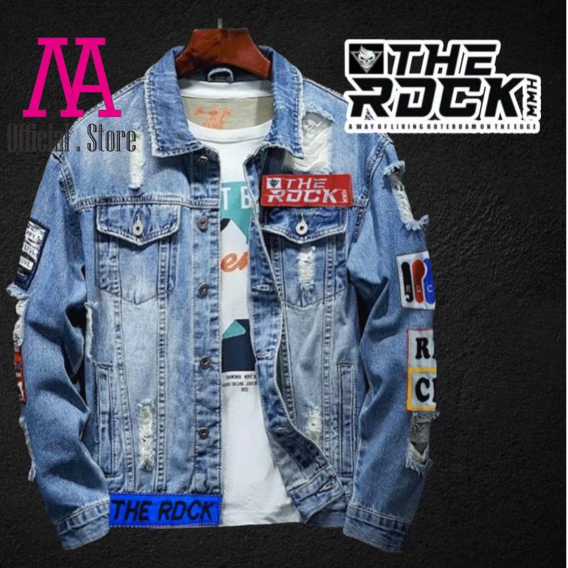Jaket Denim Jeans Pria Keren Sobek Emblem Jeket Jins Robek Cowok Premium Original The Riddick Distro