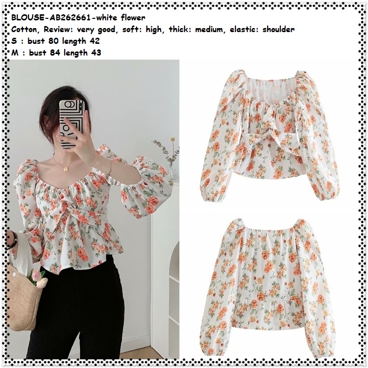 AB262661 Baju Atasan Sabrina Lengan Panjang Blouse Bunga Wanita Korea Import Putih White Flower