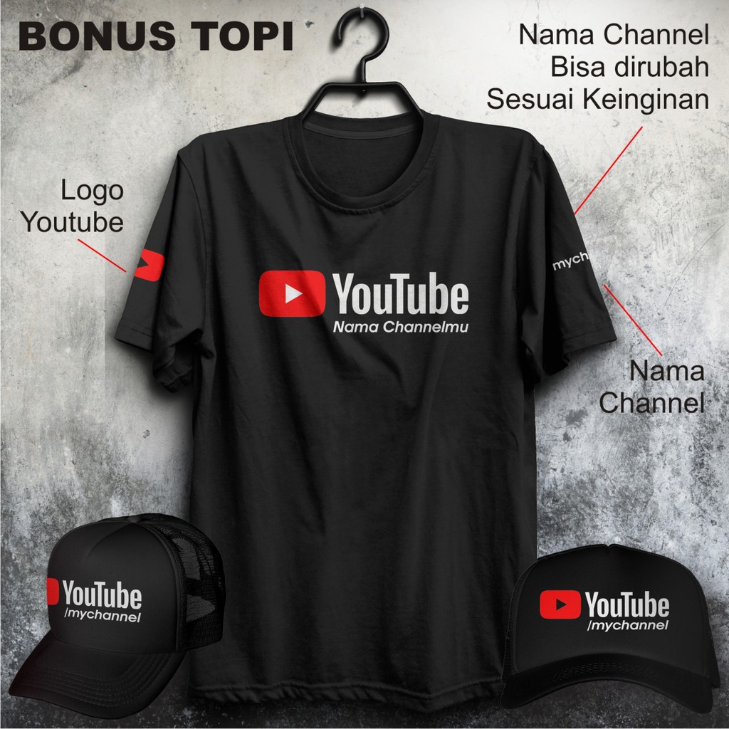 Kaos Youtuber, Baju Kaos Youtube, Kaos Youtube Request Nama Channel, Kaos Youtube Bonus Topi