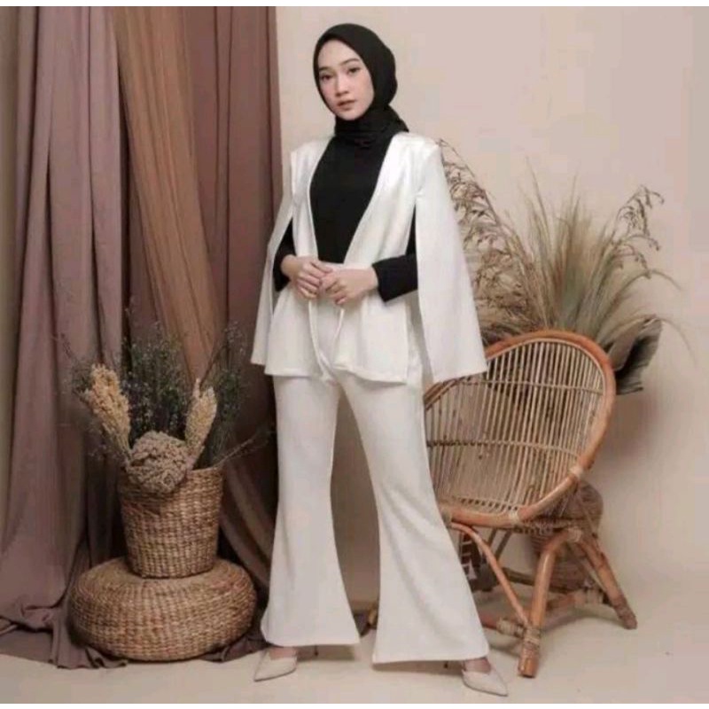 One Set Bazer Wanita Setelan Kardigan Outer Helena Set Celana Cutbray+Outer Tanpa Iner