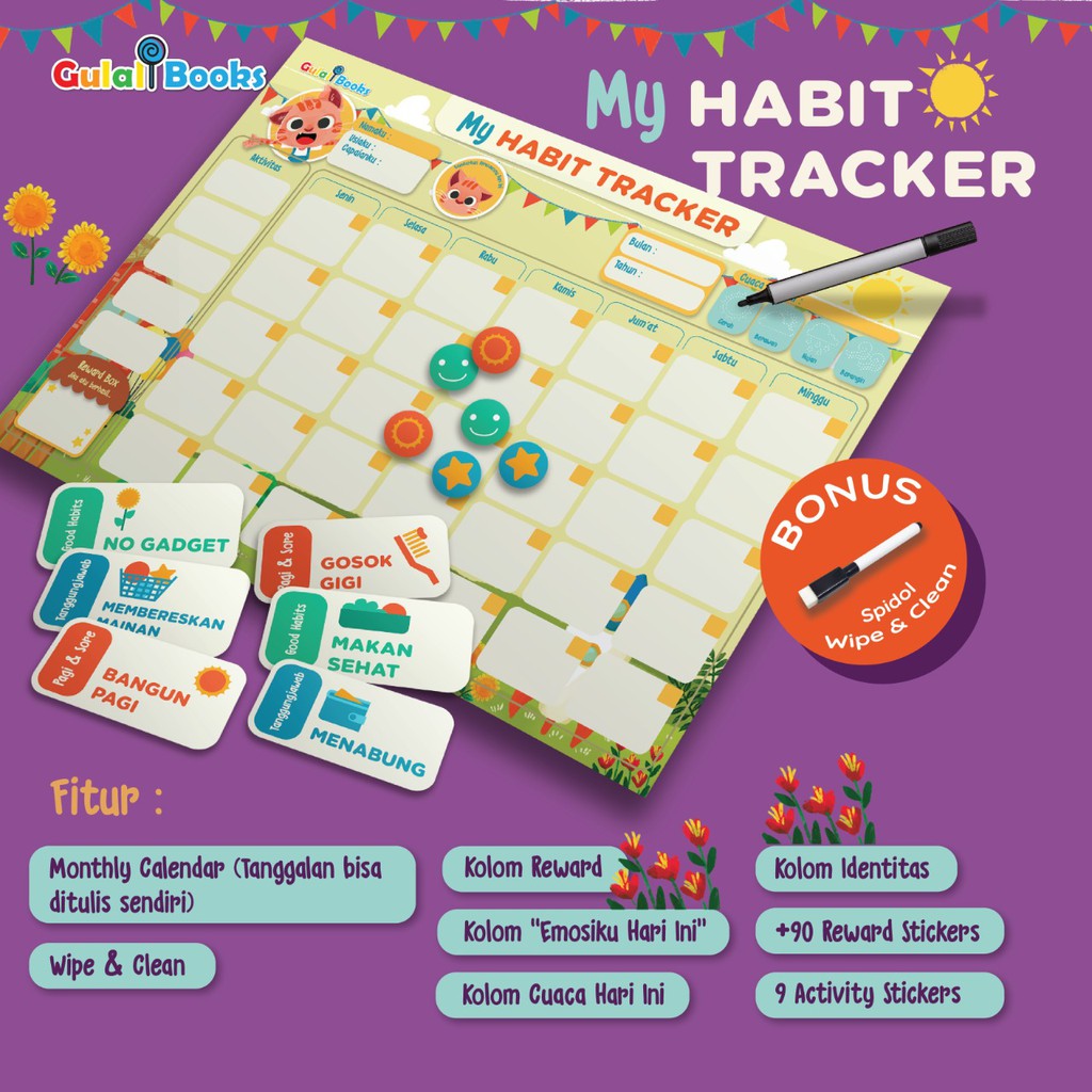 Poster EDUKASI  Anak Untuk Aktifitas Sehari hari Lengkap GULALI BOOKS MY NEW GOOD HABITS Ibadah Tracker