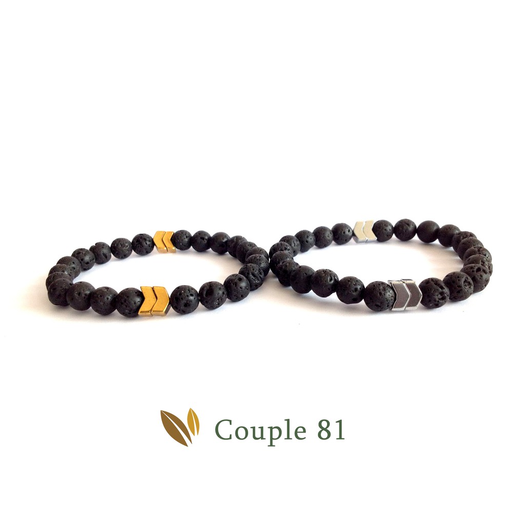 Gelang Couple Lava 8MM dengan Batu Hematite Arrow Gold dan Silver CP81
